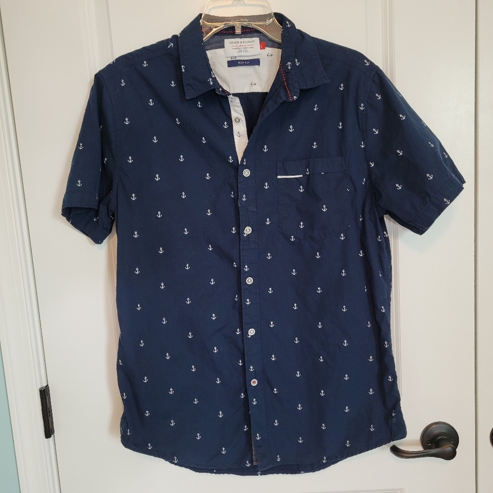 Denim & Flower Men's Size L SLIM FIT  Nautical Short Sleeve Shirt Navy Anchors